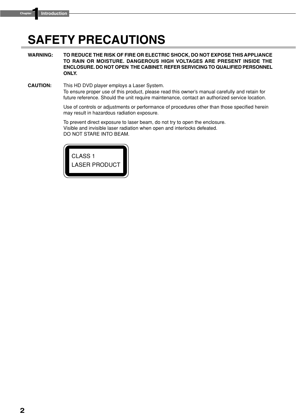 Safety precautions | Toshiba HD-XE1KY User Manual | Page 2 / 76