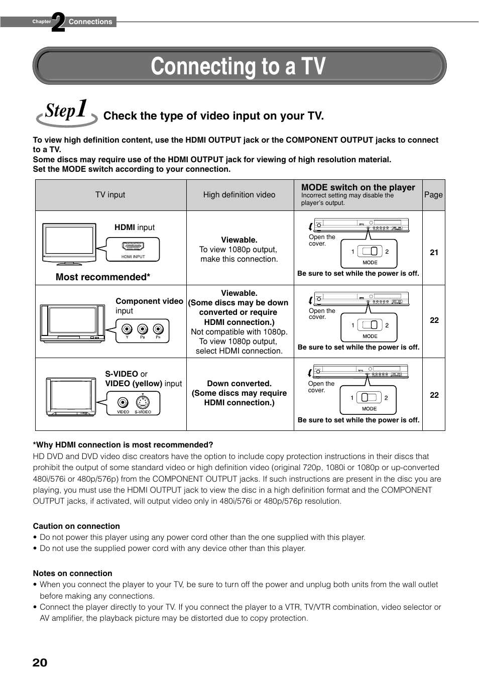 Connecting to a tv, Step | Toshiba HD-XE1KY User Manual | Page 20 / 76