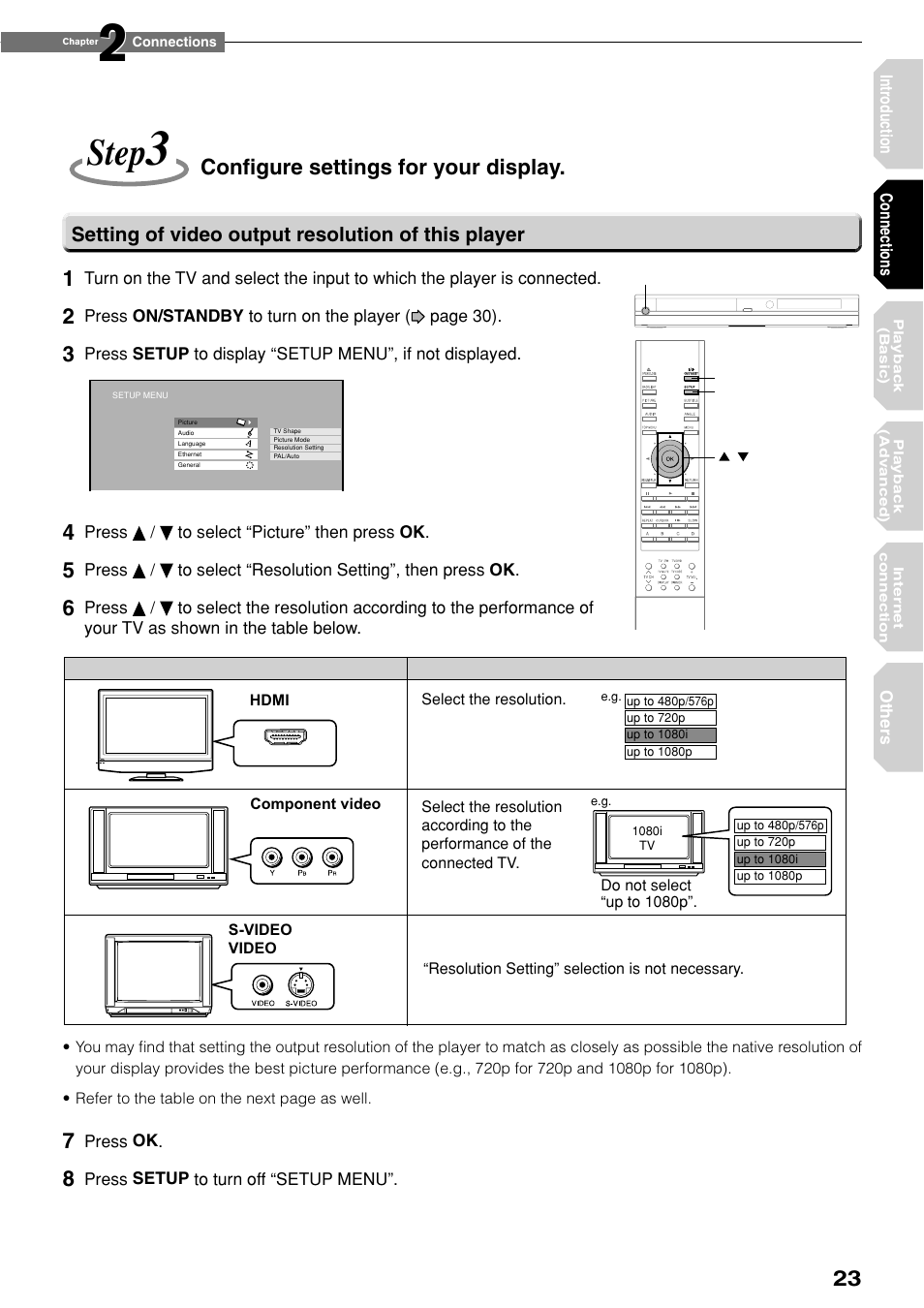 Step, Conﬁ gure settings for your display, Setting of video output resolution of this player | Toshiba HD-XE1KY User Manual | Page 23 / 76