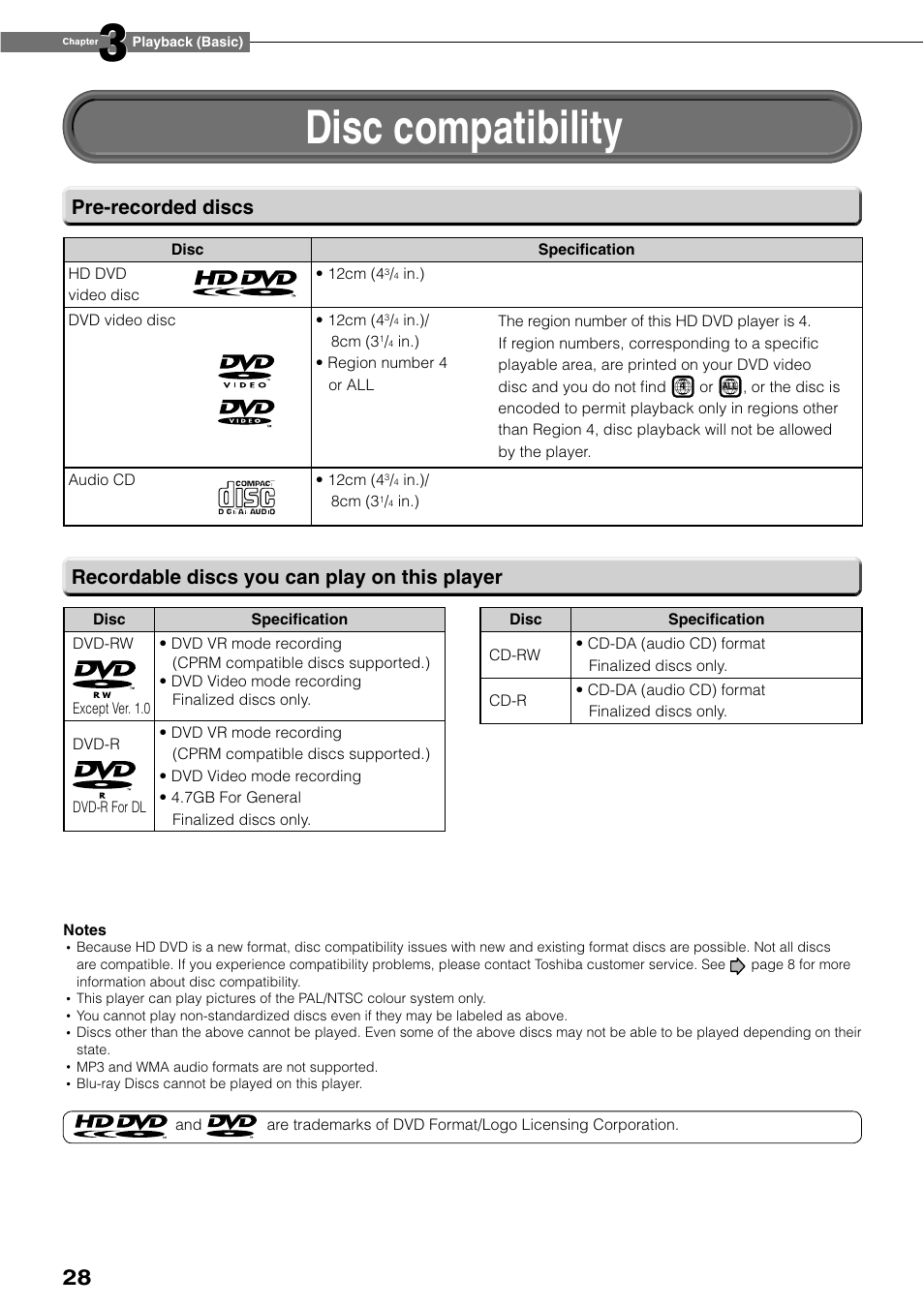 Disc compatibility | Toshiba HD-XE1KY User Manual | Page 28 / 76