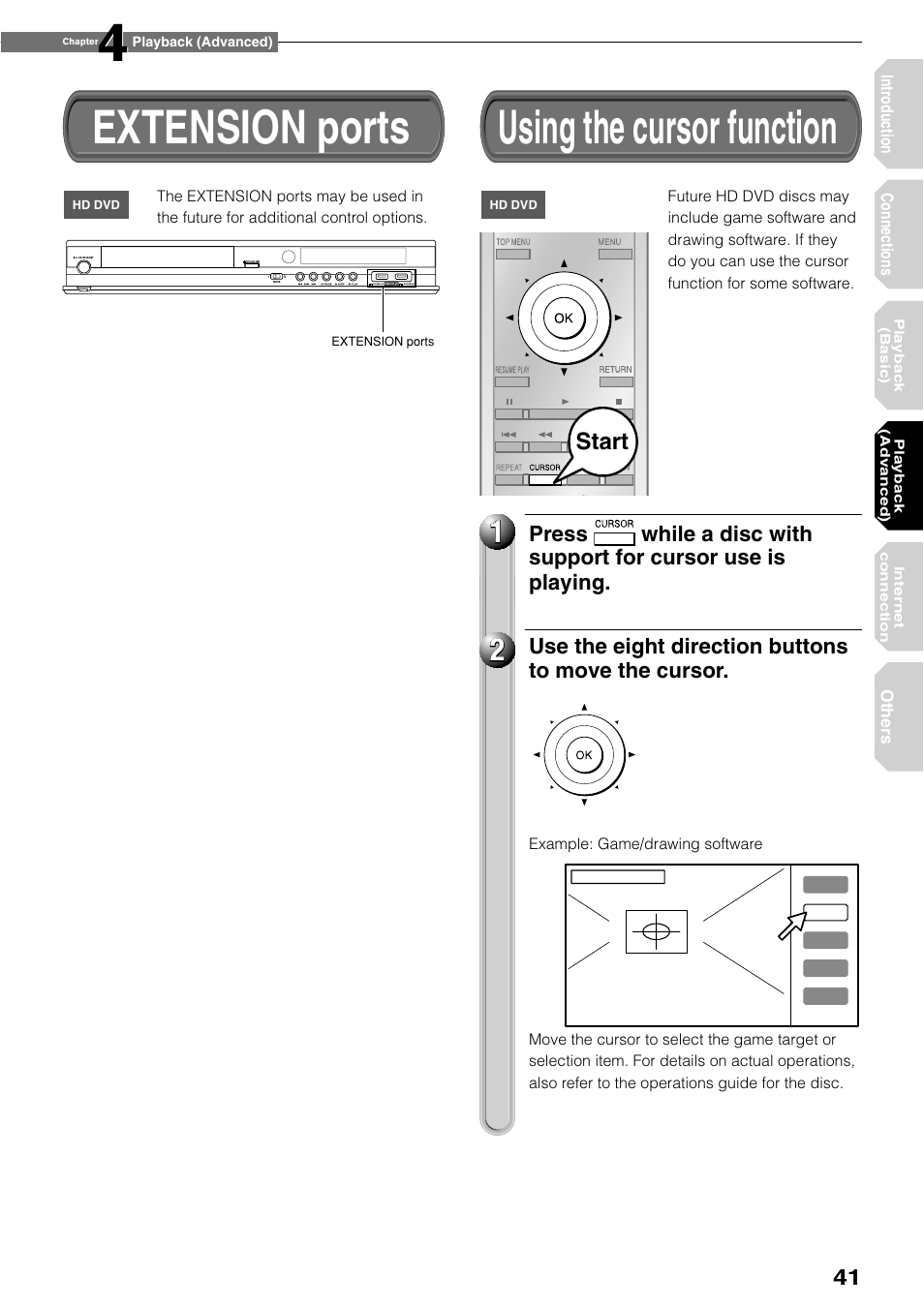 Extension ports, Using the cursor function | Toshiba HD-XE1KY User Manual | Page 41 / 76