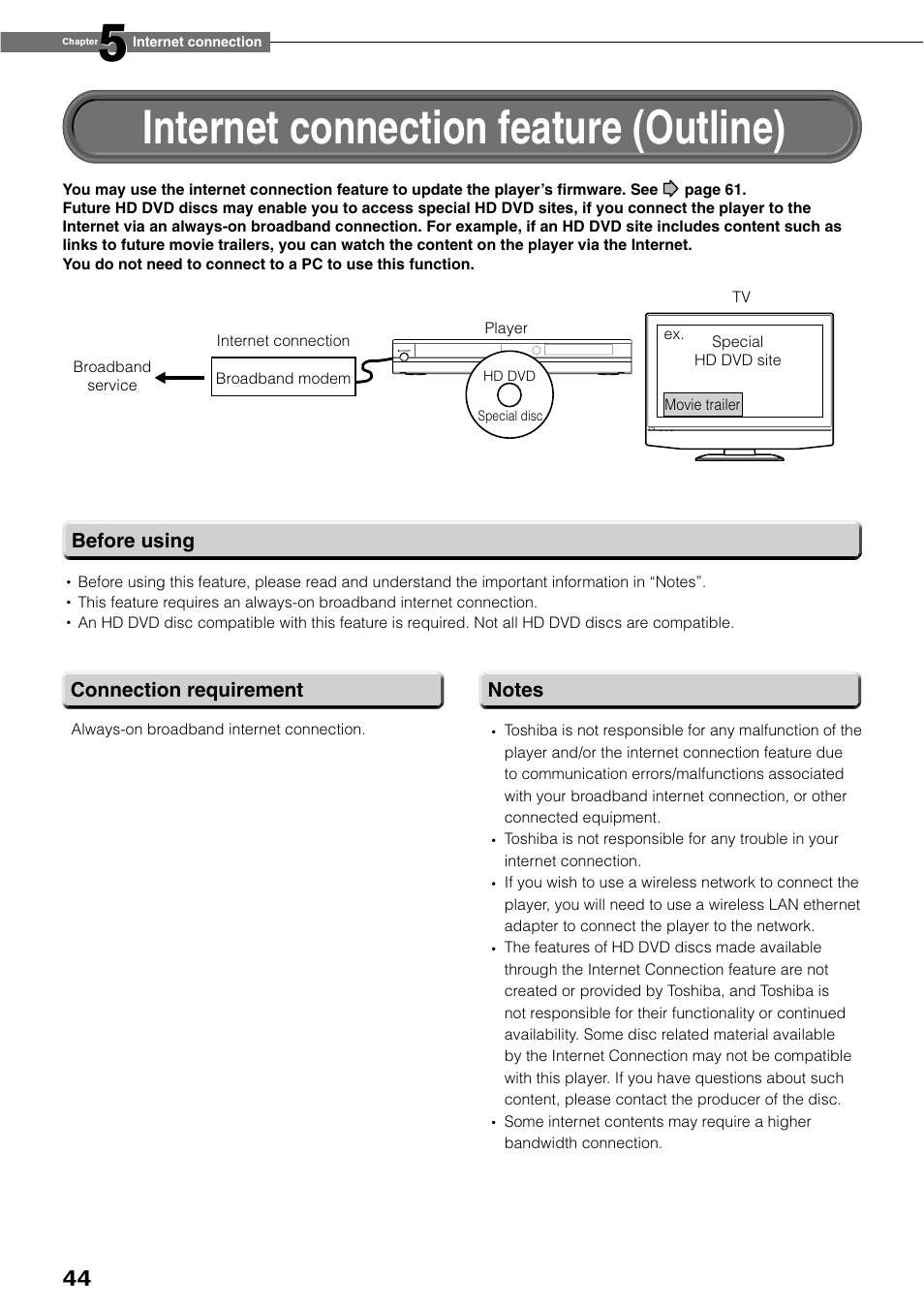Internet connection feature (outline) | Toshiba HD-XE1KY User Manual | Page 44 / 76