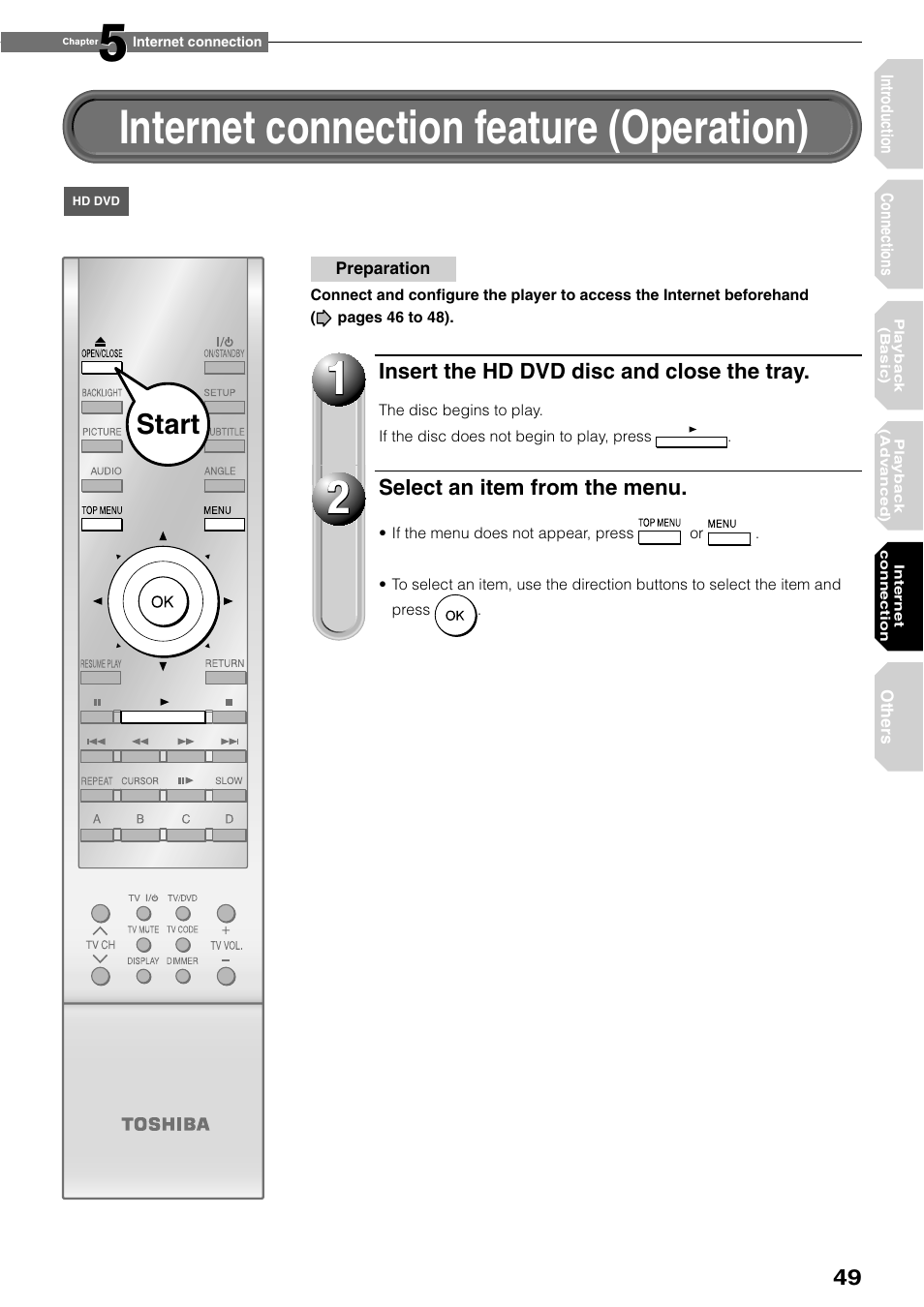 Internet connection feature (operation), Start | Toshiba HD-XE1KY User Manual | Page 49 / 76