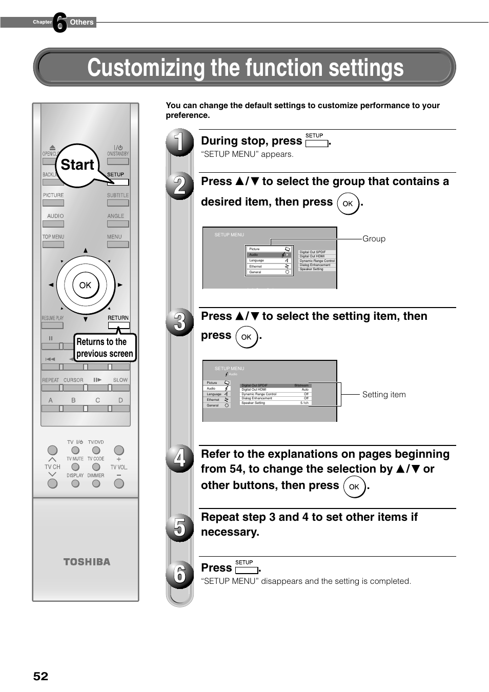 Customizing the function settings, Start | Toshiba HD-XE1KY User Manual | Page 52 / 76