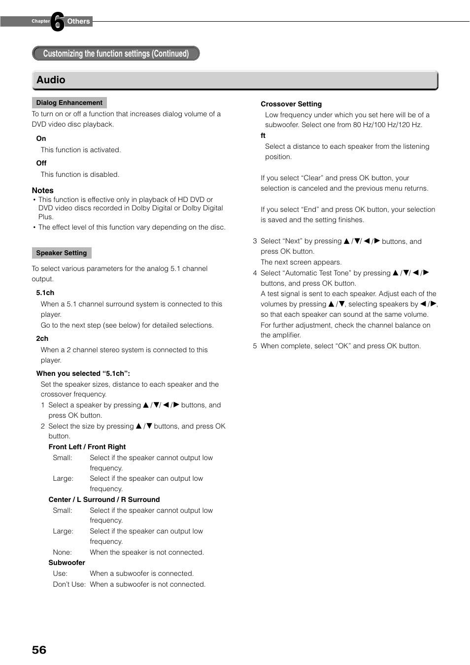 Audio, Customizing the function settings (continued) | Toshiba HD-XE1KY User Manual | Page 56 / 76