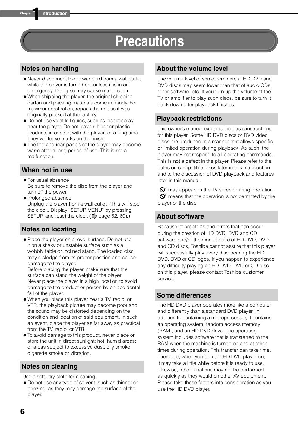 Precautions | Toshiba HD-XE1KY User Manual | Page 6 / 76