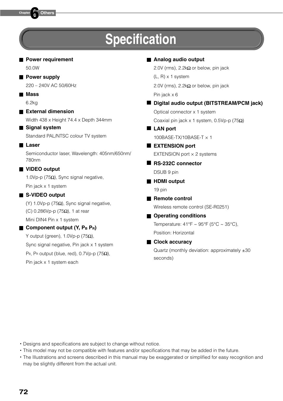 Speciﬁ cation | Toshiba HD-XE1KY User Manual | Page 72 / 76