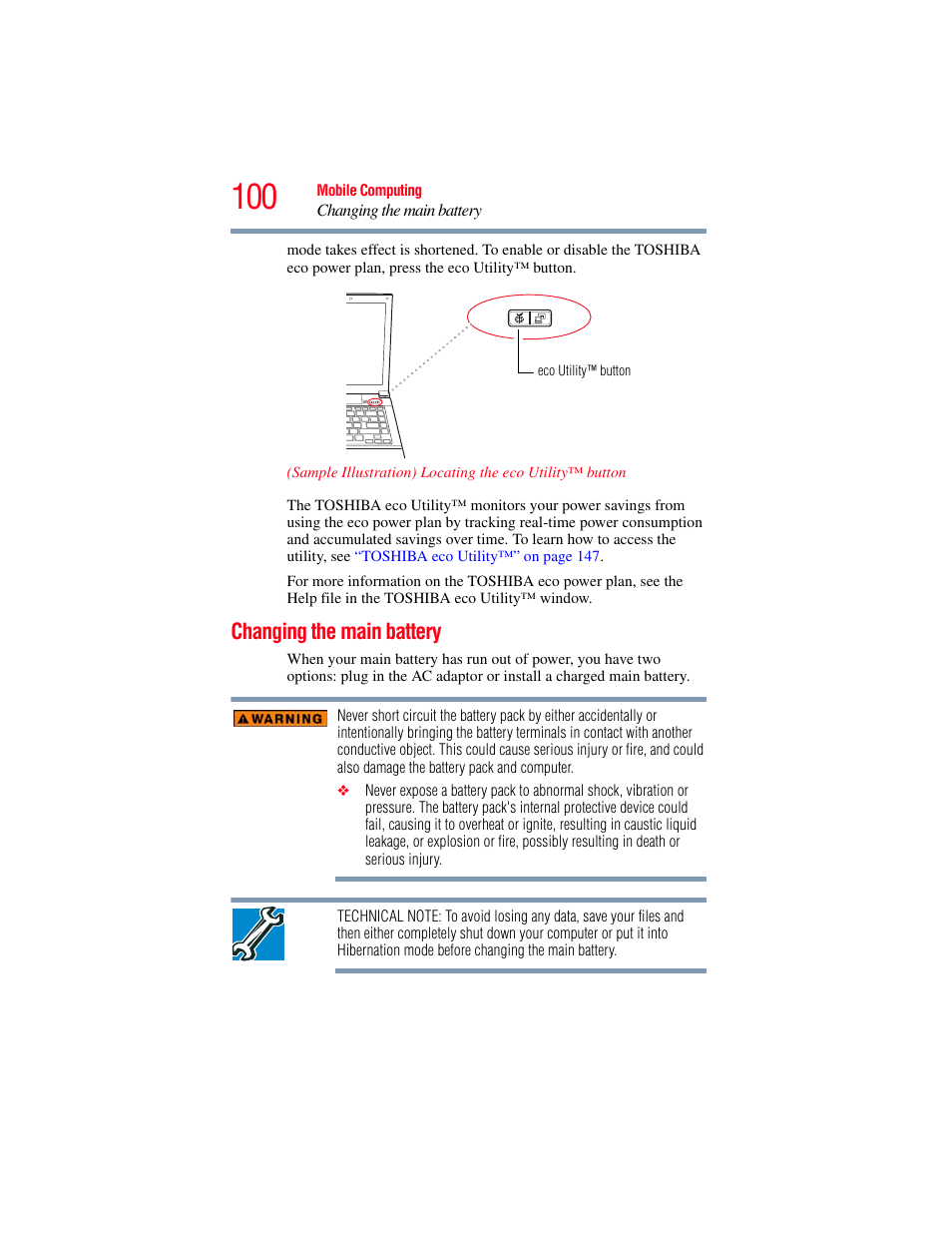 Changing the main battery | Toshiba Toshubia Tecra R940 User Manual | Page 100 / 216