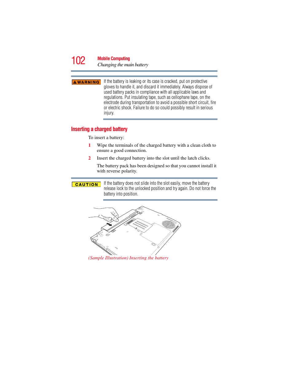 Inserting a charged battery | Toshiba Toshubia Tecra R940 User Manual | Page 102 / 216