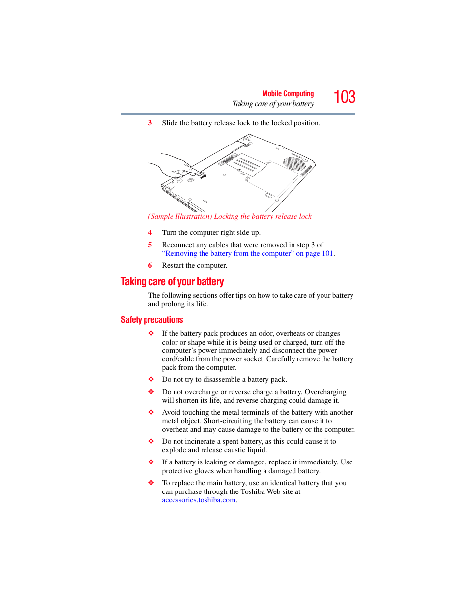 Taking care of your battery, Safety precautions | Toshiba Toshubia Tecra R940 User Manual | Page 103 / 216