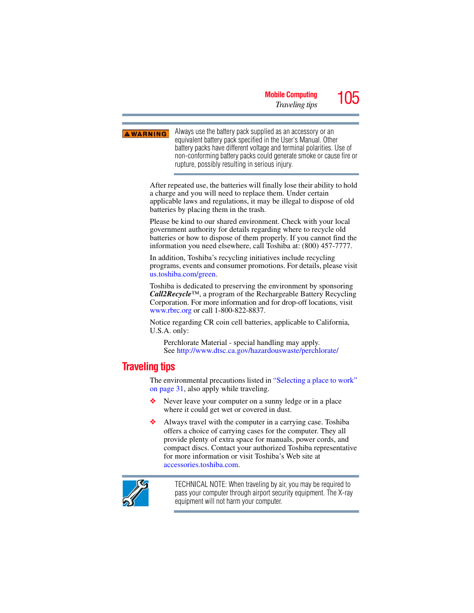 Traveling tips | Toshiba Toshubia Tecra R940 User Manual | Page 105 / 216