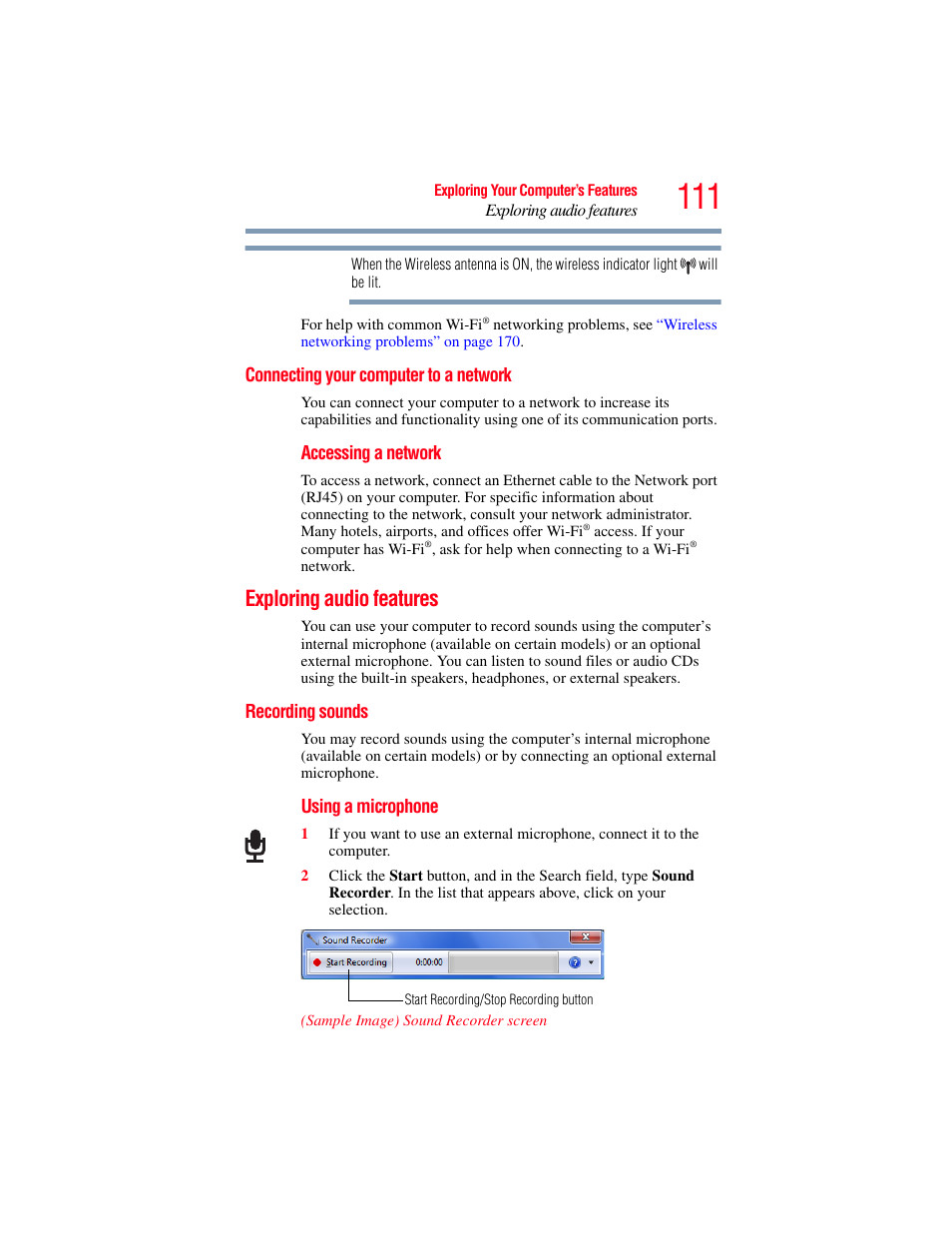 Connecting your computer to a network, Exploring audio features, Recording sounds | Toshiba Toshubia Tecra R940 User Manual | Page 111 / 216