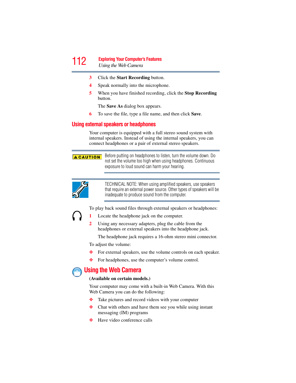 Using external speakers or headphones, Using the web camera | Toshiba Toshubia Tecra R940 User Manual | Page 112 / 216