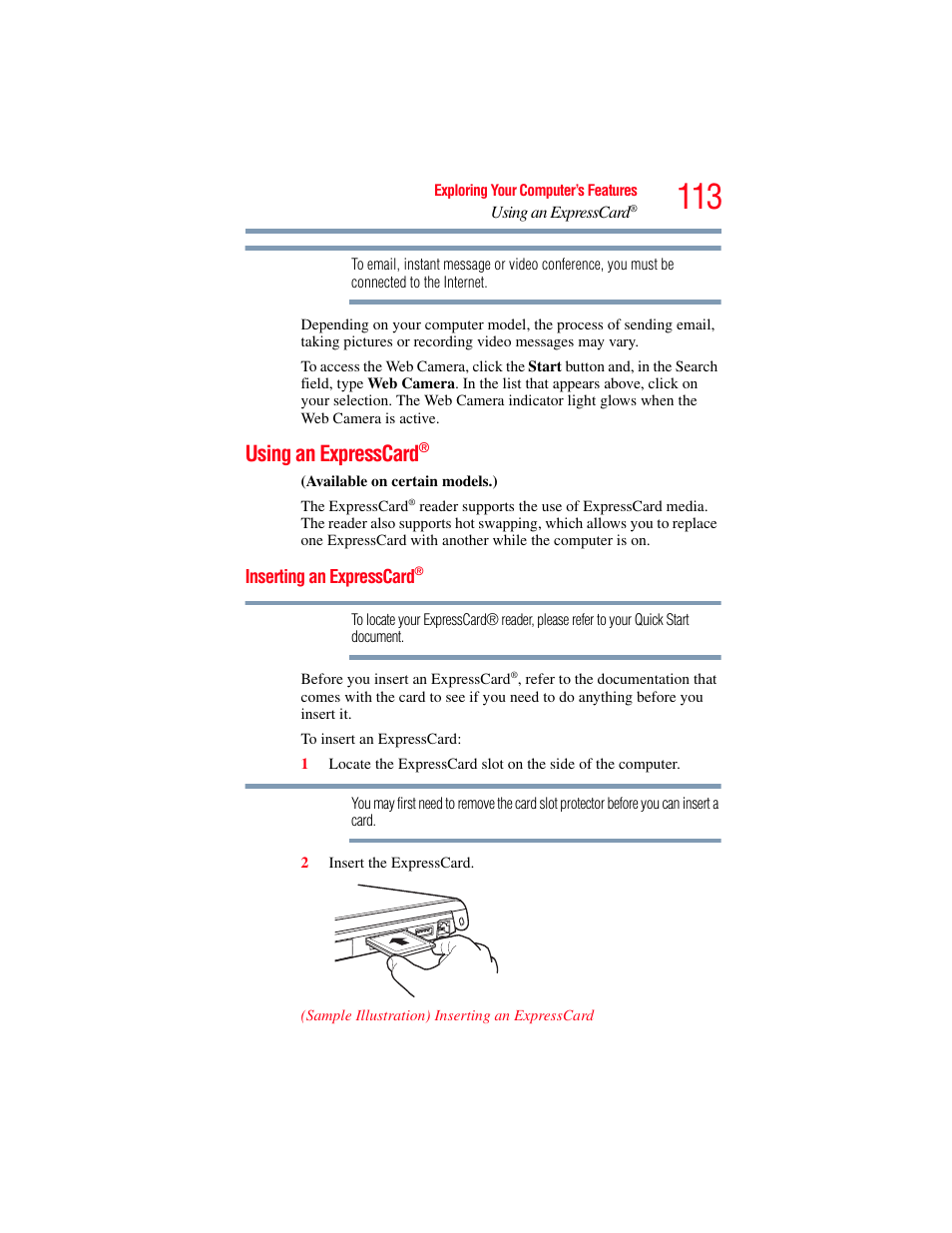 Using an expresscard, Inserting an expresscard | Toshiba Toshubia Tecra R940 User Manual | Page 113 / 216