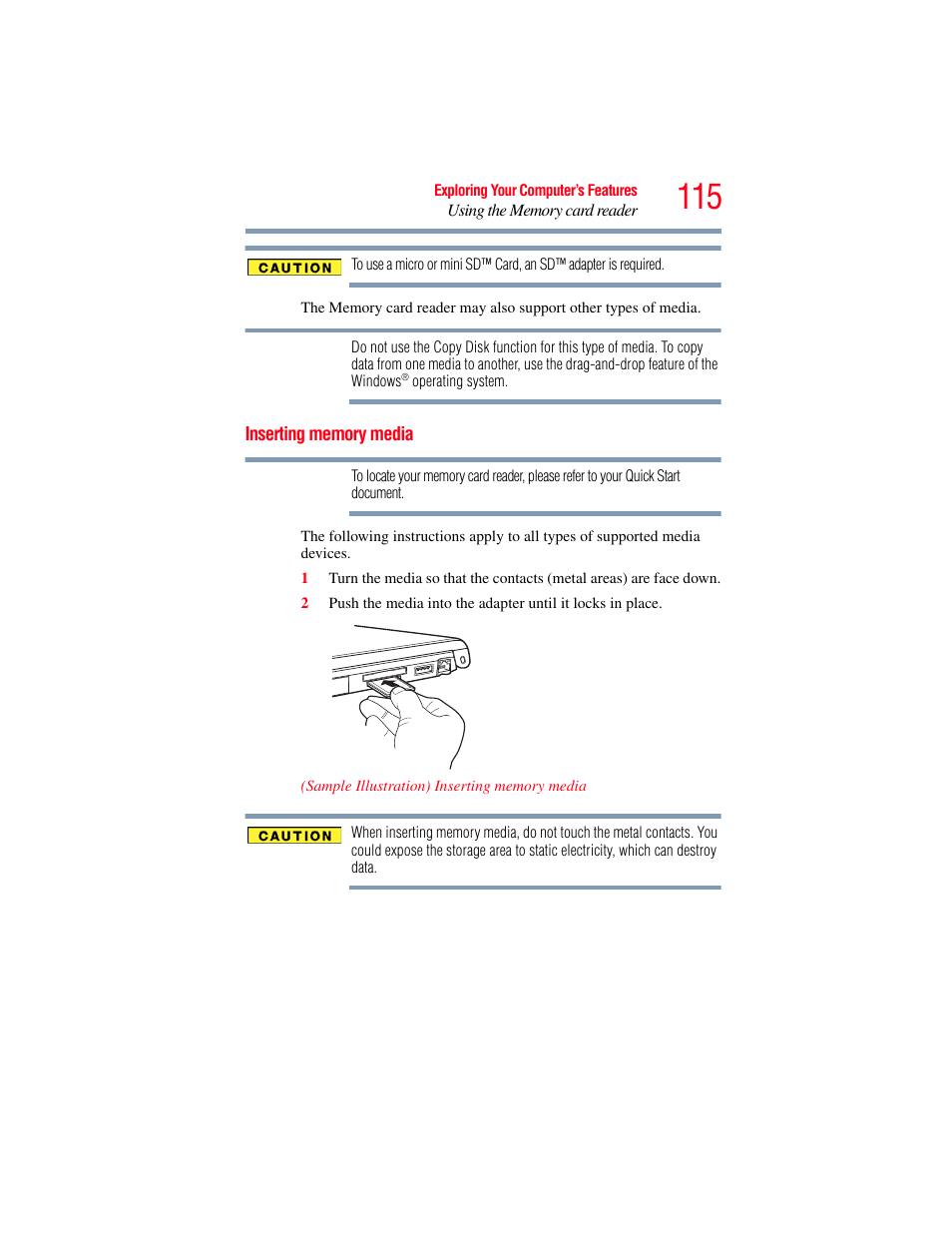 Inserting memory media | Toshiba Toshubia Tecra R940 User Manual | Page 115 / 216