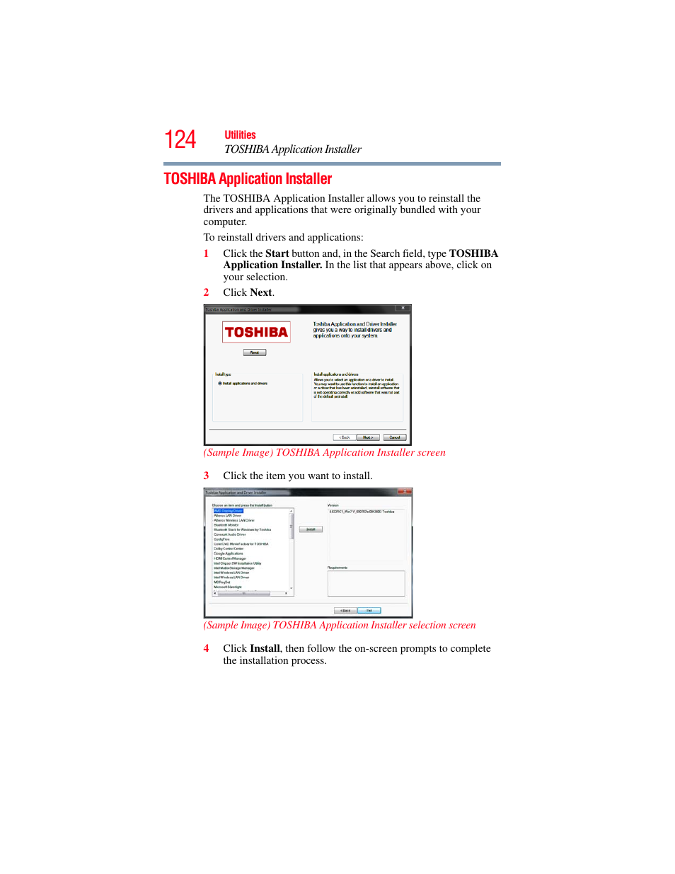 Toshiba application installer | Toshiba Toshubia Tecra R940 User Manual | Page 124 / 216