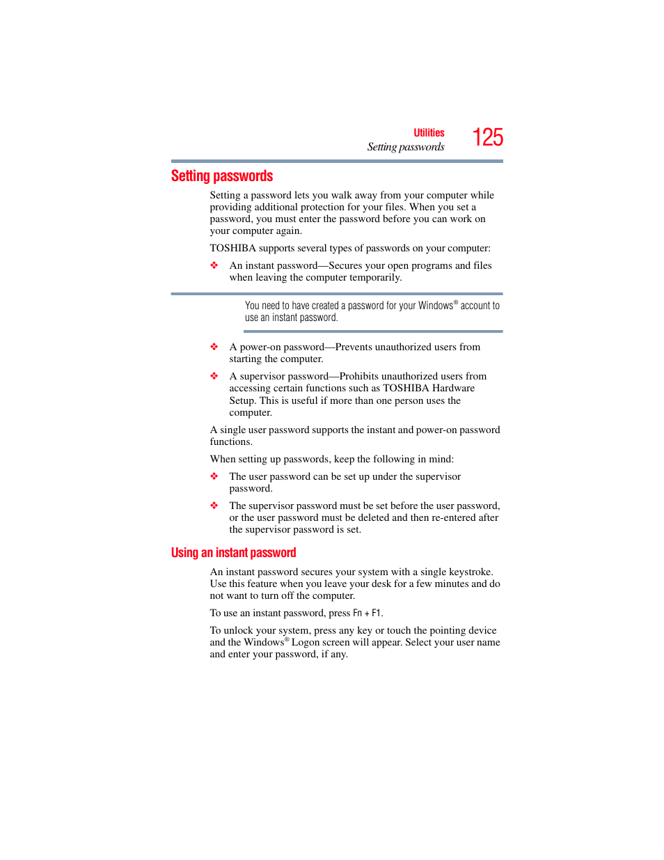 Setting passwords, Using an instant password | Toshiba Toshubia Tecra R940 User Manual | Page 125 / 216