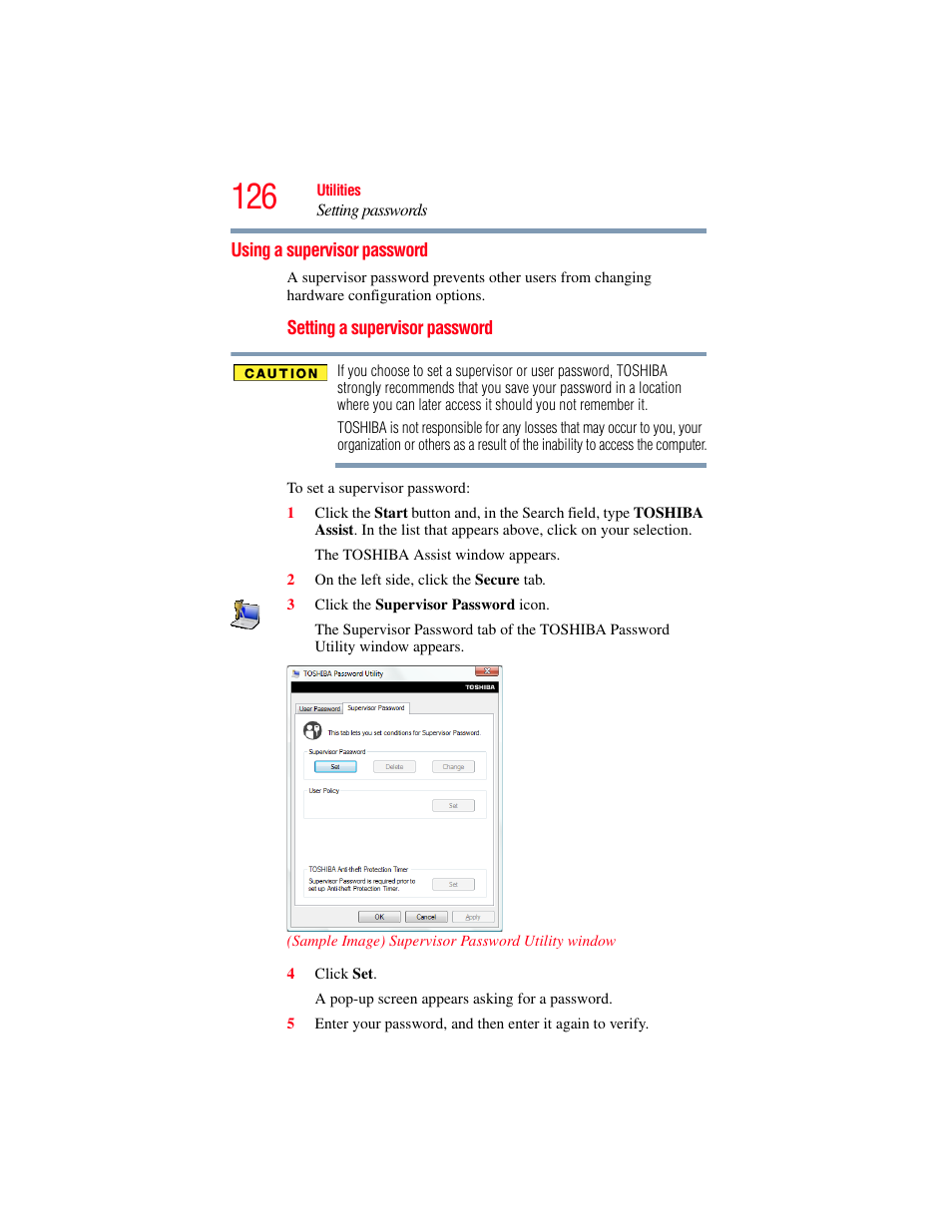 Using a supervisor password, Supervisor password | Toshiba Toshubia Tecra R940 User Manual | Page 126 / 216