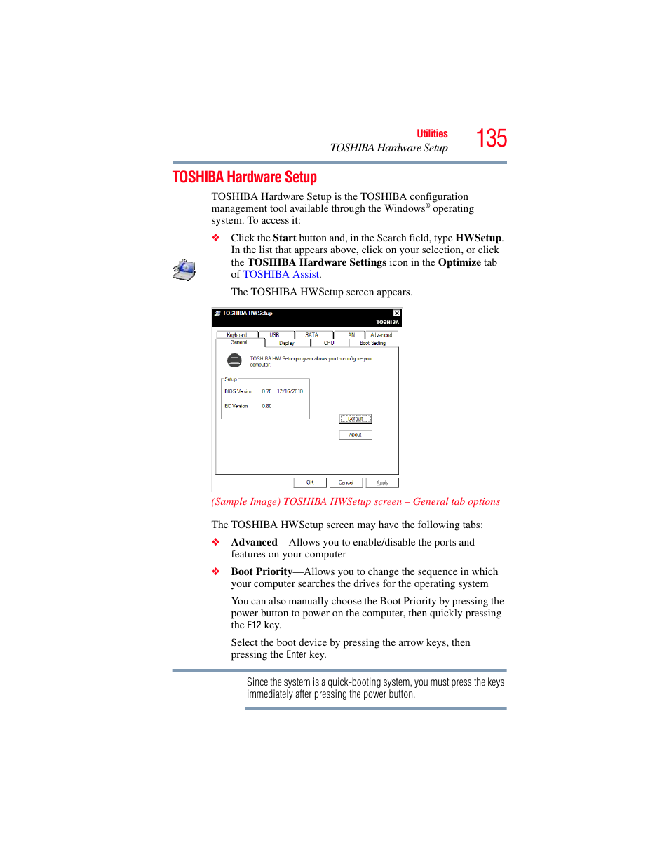 Toshiba hardware setup, Hardw | Toshiba Toshubia Tecra R940 User Manual | Page 135 / 216