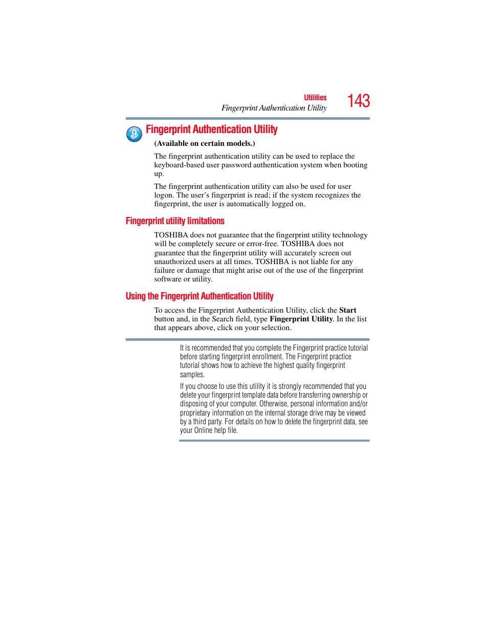 Fingerprint authentication utility, Fingerprint utility limitations, Using the fingerprint authentication utility | Toshiba Toshubia Tecra R940 User Manual | Page 143 / 216