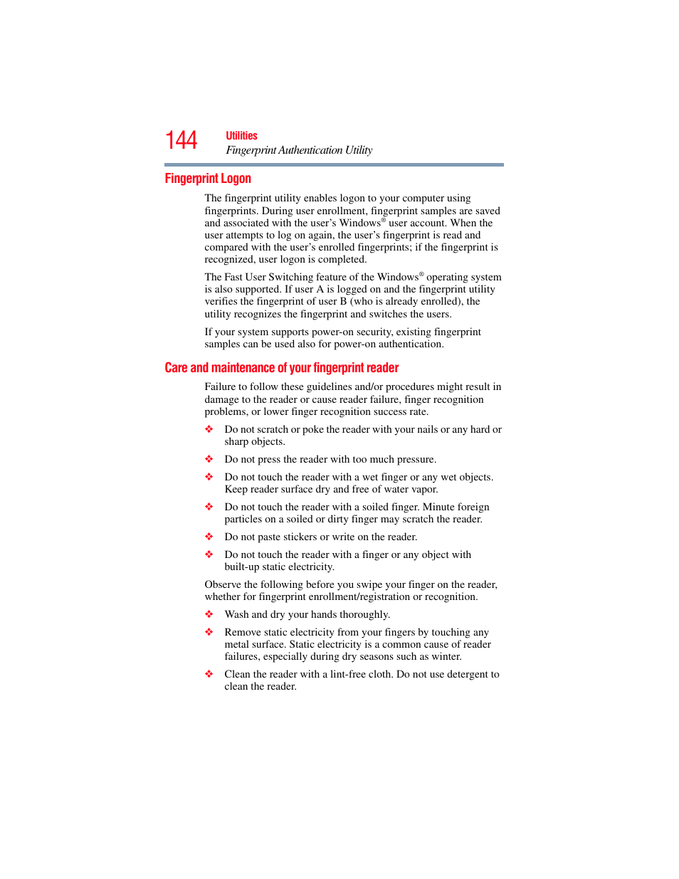 Fingerprint logon, Care and maintenance of your fingerprint reader, Fingerprint logon care and maintenance of | Your fingerprint reader | Toshiba Toshubia Tecra R940 User Manual | Page 144 / 216