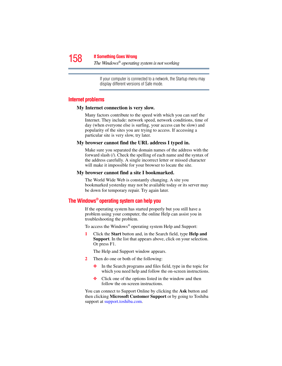 Internet problems, The windows® operating system can help you, Internet problems the windows | Toshiba Toshubia Tecra R940 User Manual | Page 158 / 216