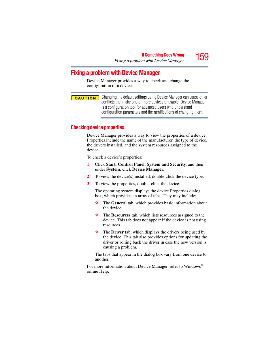 Fixing a problem with device manager, Checking device properties | Toshiba Toshubia Tecra R940 User Manual | Page 159 / 216