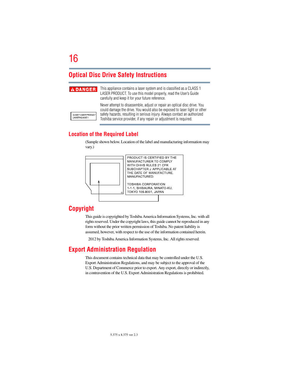 Optical disc drive safety instructions, Copyright, Export administration regulation | Toshiba Toshubia Tecra R940 User Manual | Page 16 / 216