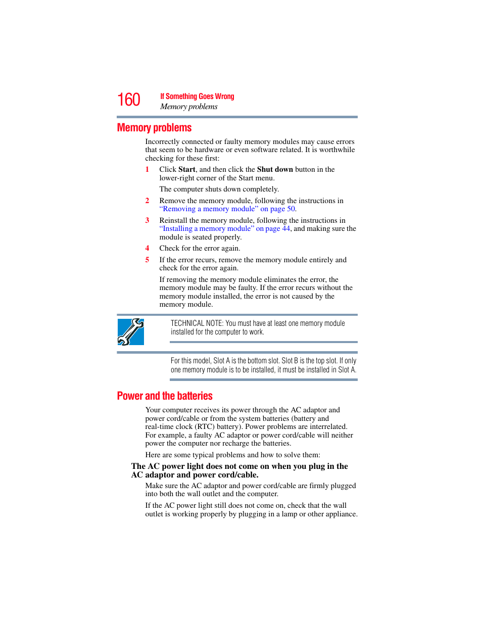 Memory problems, Power and the batteries, Memory problems power and the batteries | Toshiba Toshubia Tecra R940 User Manual | Page 160 / 216