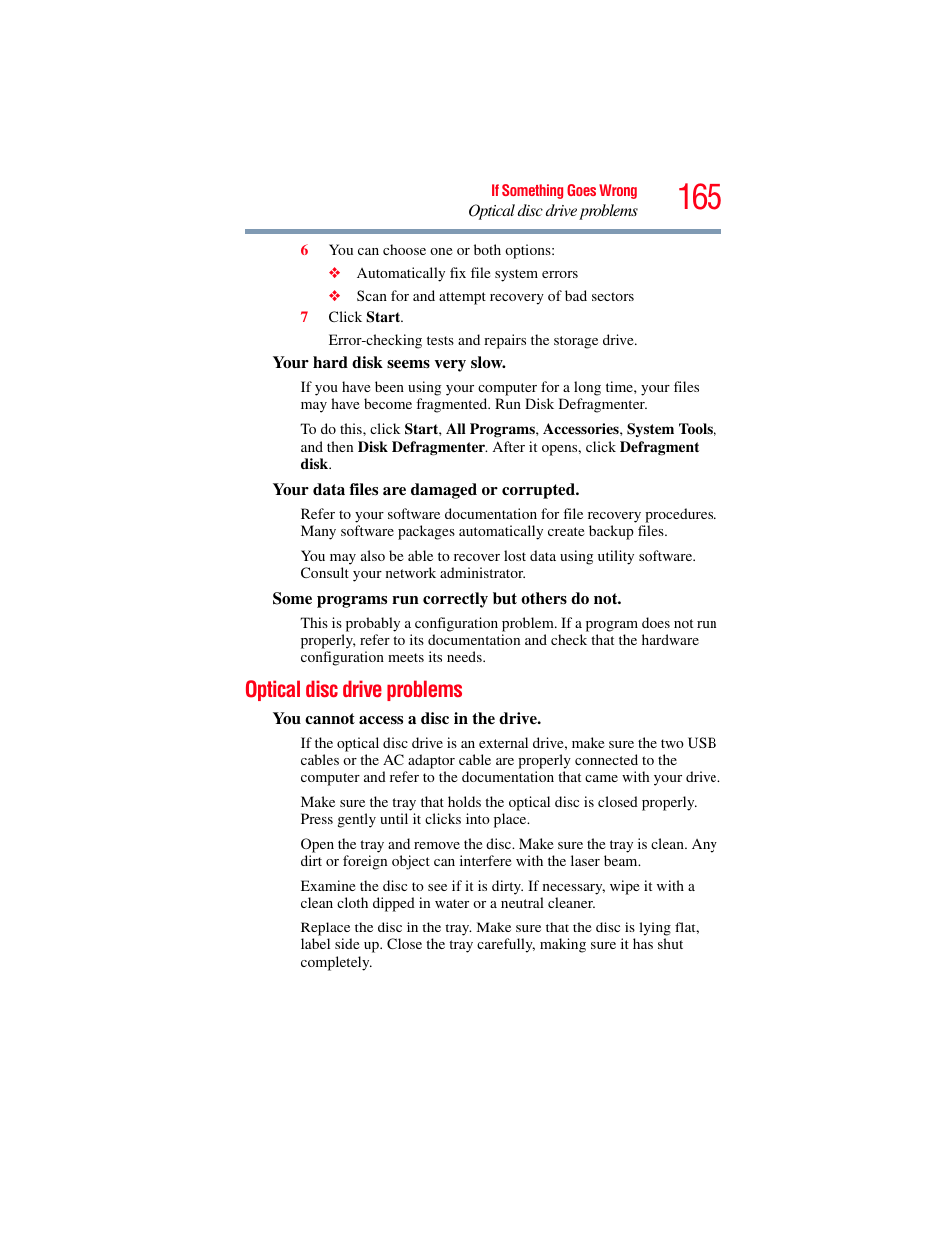 Optical disc drive problems | Toshiba Toshubia Tecra R940 User Manual | Page 165 / 216