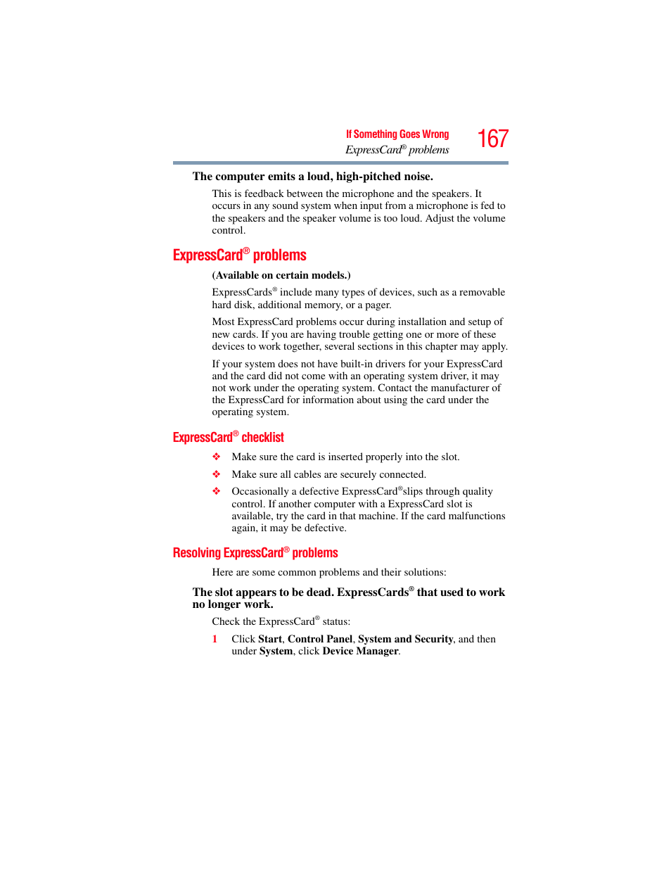 Expresscard® problems, Expresscard® checklist, Resolving expresscard® problems | Expresscard, Resolving expresscard, Problems | Toshiba Toshubia Tecra R940 User Manual | Page 167 / 216