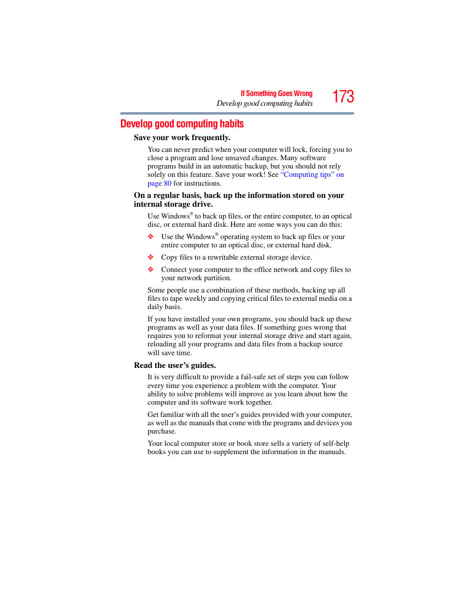 Develop good computing habits | Toshiba Toshubia Tecra R940 User Manual | Page 173 / 216