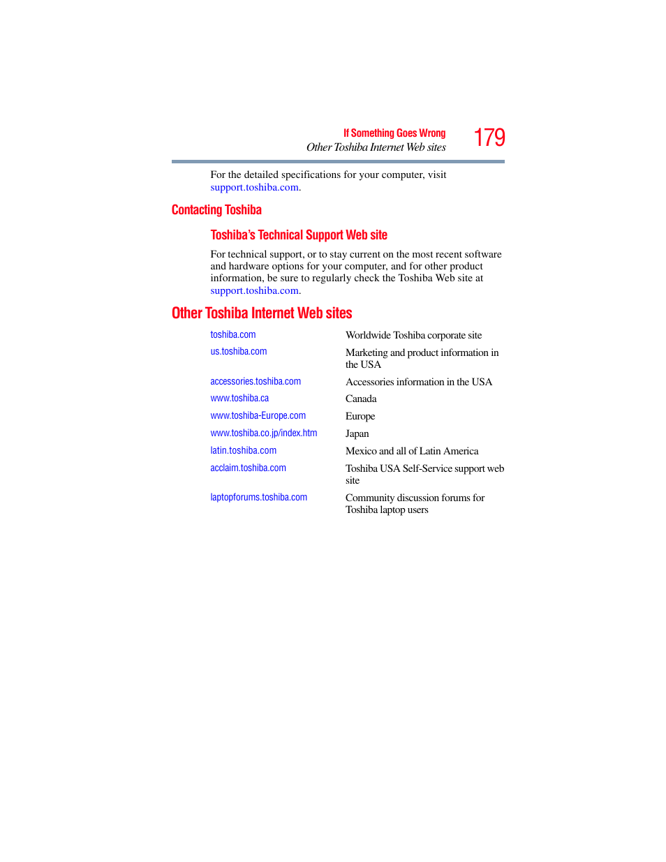 Contacting toshiba, Other toshiba internet web sites | Toshiba Toshubia Tecra R940 User Manual | Page 179 / 216