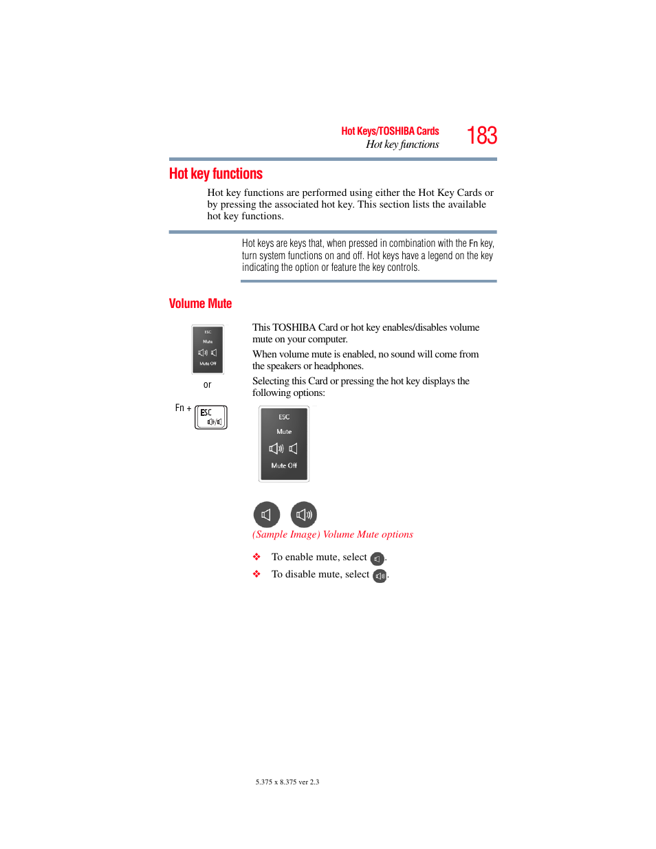 Hot key functions, Volume mute | Toshiba Toshubia Tecra R940 User Manual | Page 183 / 216
