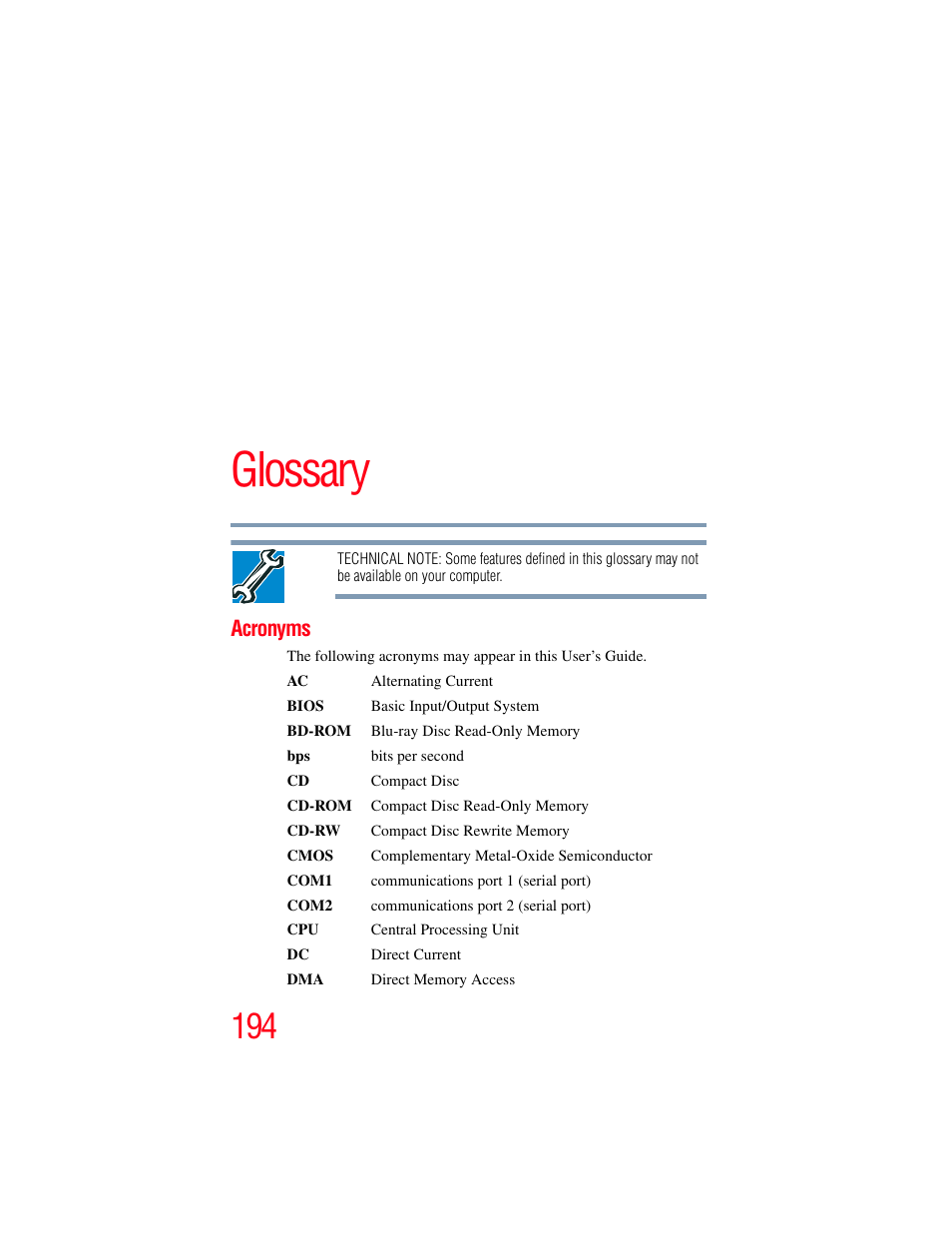 Glossary, Acronyms | Toshiba Toshubia Tecra R940 User Manual | Page 194 / 216