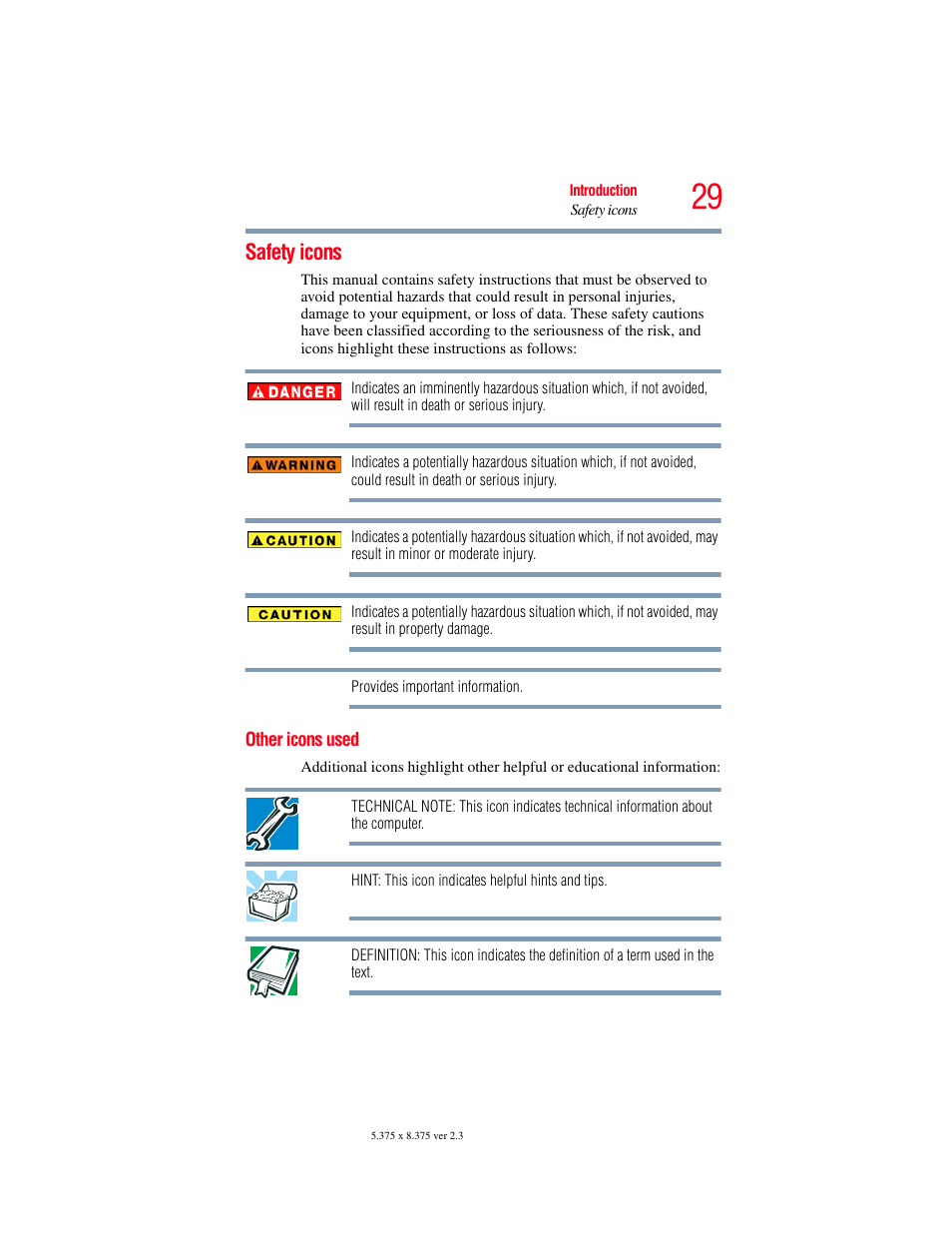 Safety icons, Other icons used | Toshiba Toshubia Tecra R940 User Manual | Page 29 / 216