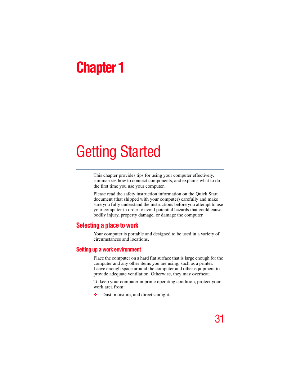Chapter 1: getting started, Selecting a place to work, Setting up a work environment | Getting started, Chapter 1 | Toshiba Toshubia Tecra R940 User Manual | Page 31 / 216