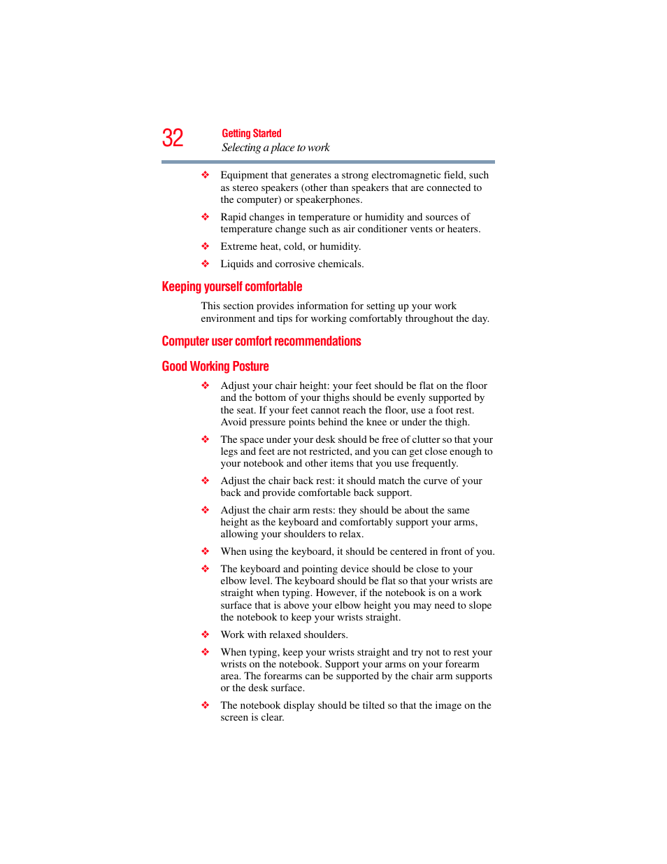 Keeping yourself comfortable, Computer user comfort recommendations, Good working posture | Toshiba Toshubia Tecra R940 User Manual | Page 32 / 216