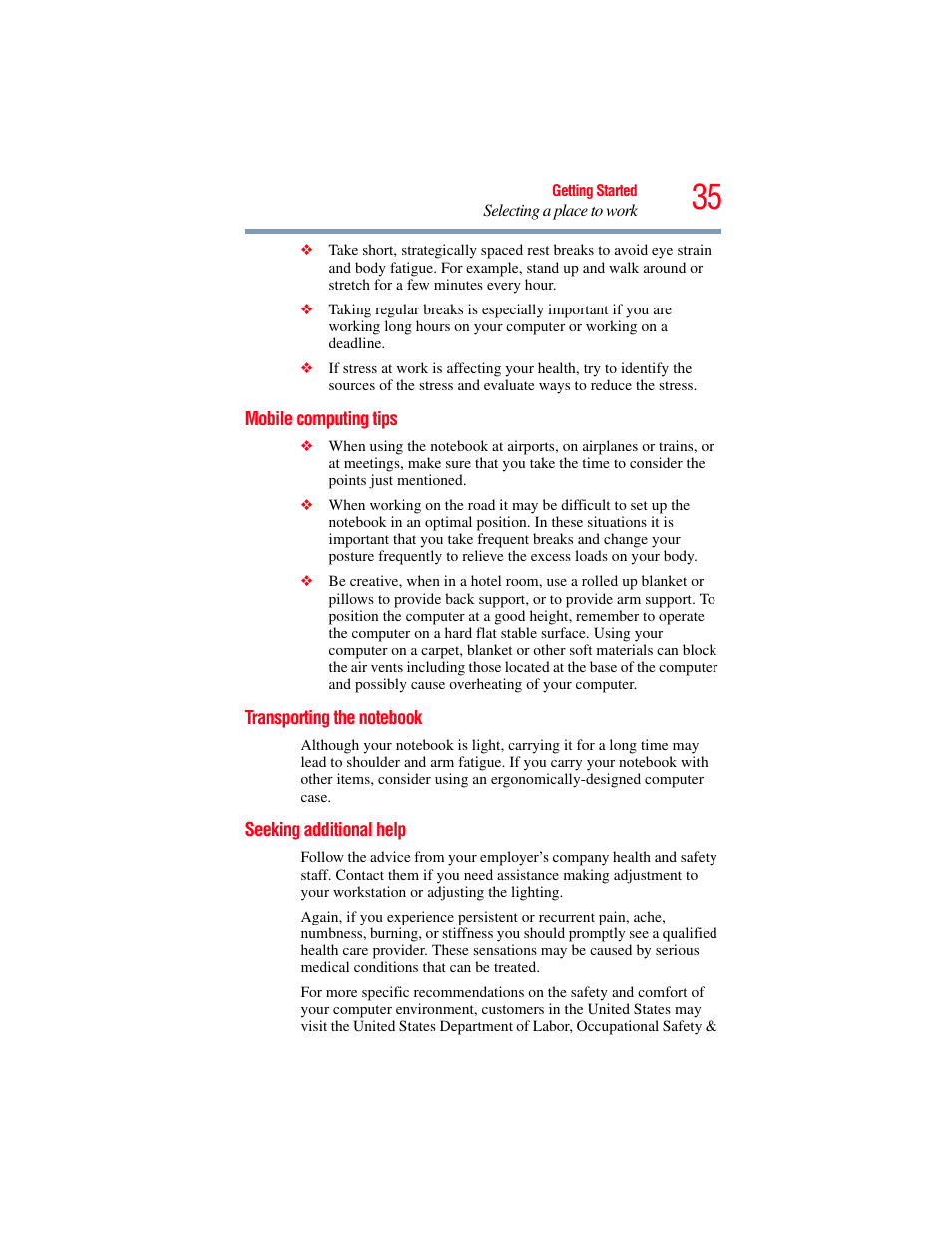 Mobile computing tips, Transporting the notebook, Seeking additional help | Toshiba Toshubia Tecra R940 User Manual | Page 35 / 216