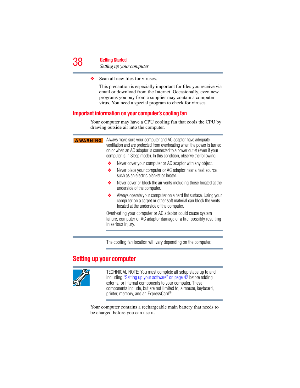 Setting up your computer, Important information on, Your computer’s cooling fan | Toshiba Toshubia Tecra R940 User Manual | Page 38 / 216