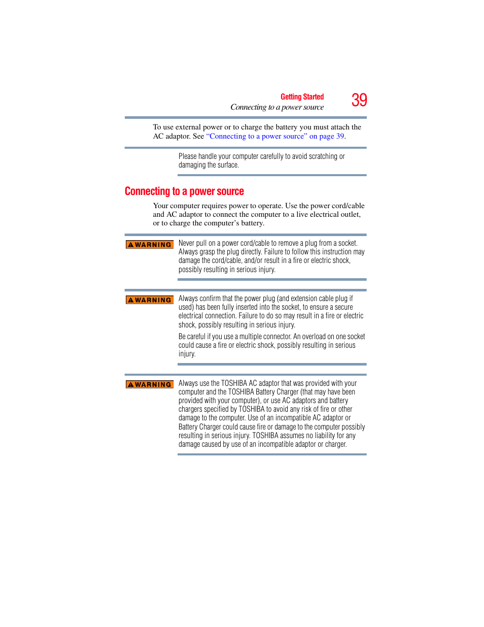 Connecting to a power source | Toshiba Toshubia Tecra R940 User Manual | Page 39 / 216