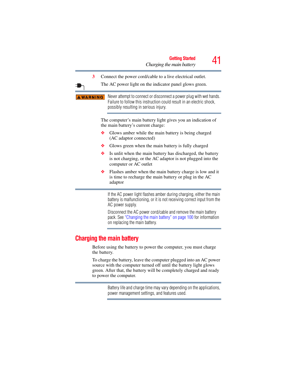 Charging the main battery | Toshiba Toshubia Tecra R940 User Manual | Page 41 / 216