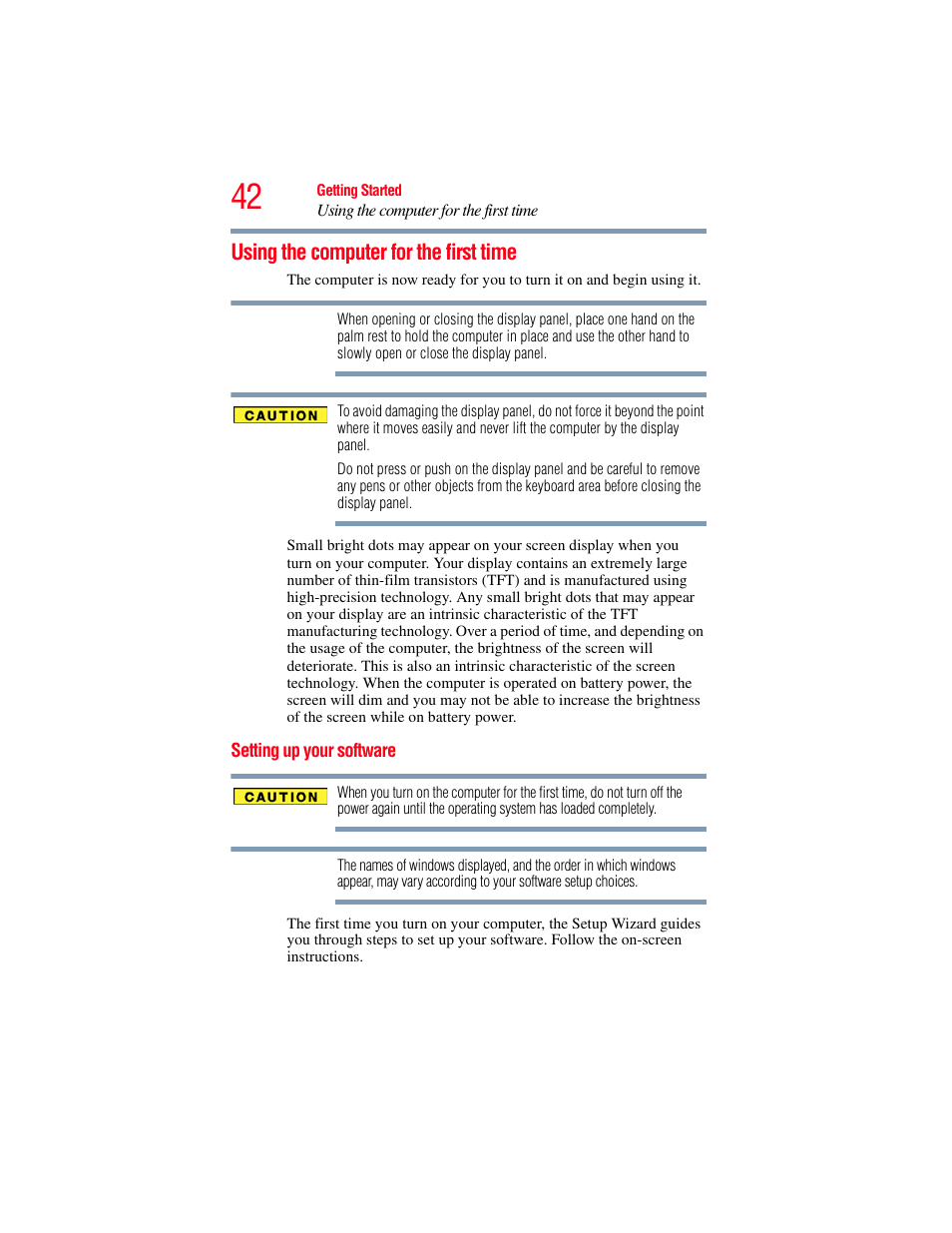 Using the computer for the first time, Setting up your software | Toshiba Toshubia Tecra R940 User Manual | Page 42 / 216