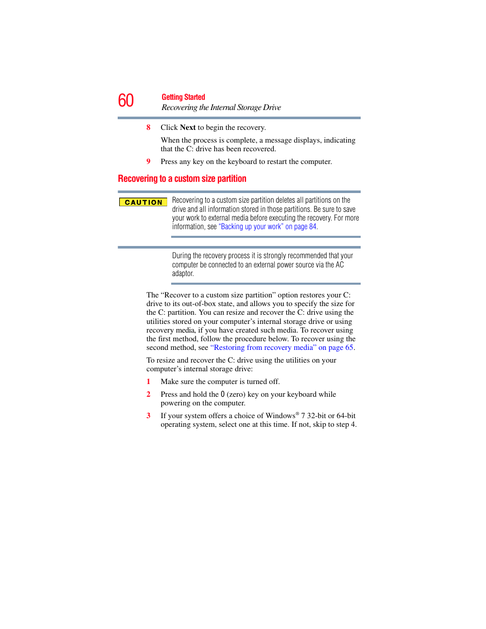 Recovering to a custom size partition | Toshiba Toshubia Tecra R940 User Manual | Page 60 / 216