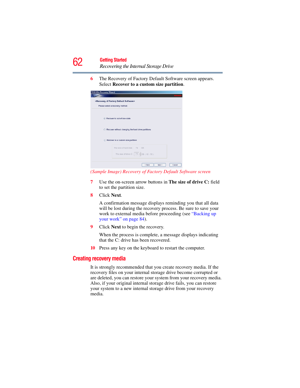 Creating recovery media | Toshiba Toshubia Tecra R940 User Manual | Page 62 / 216