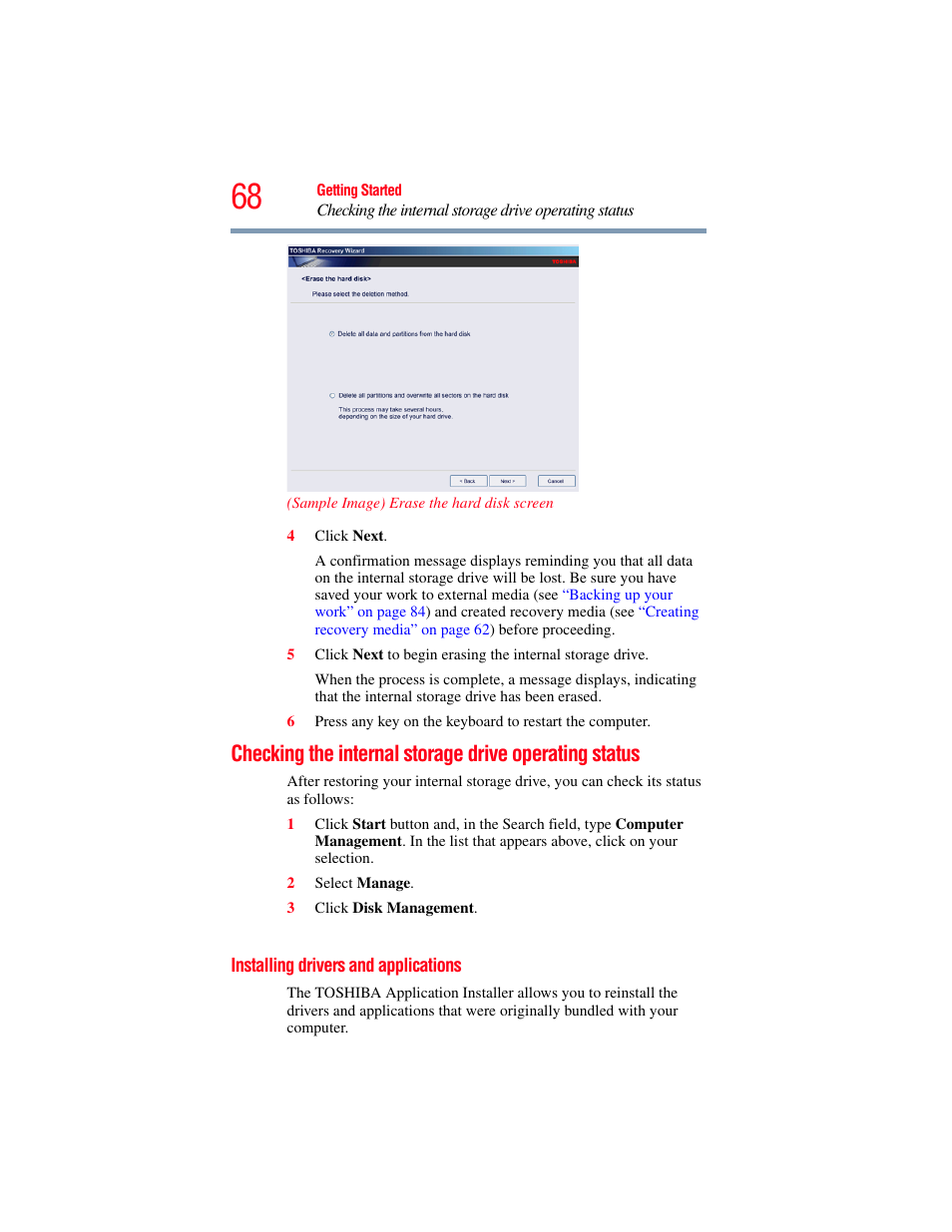 Installing drivers and applications, Checking the internal storage drive | Toshiba Toshubia Tecra R940 User Manual | Page 68 / 216