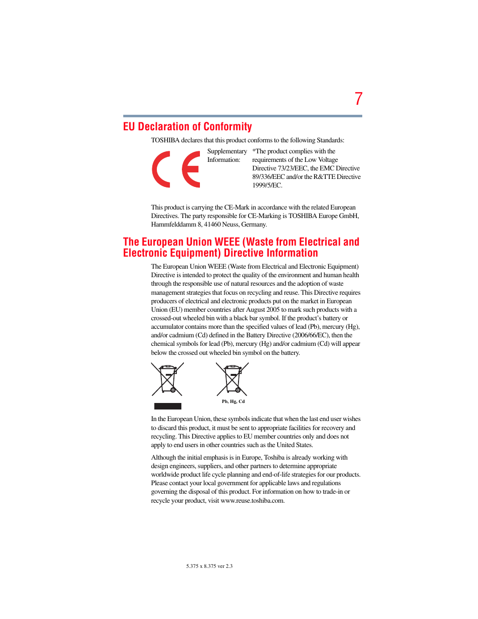 Eu declaration of conformity | Toshiba Toshubia Tecra R940 User Manual | Page 7 / 216