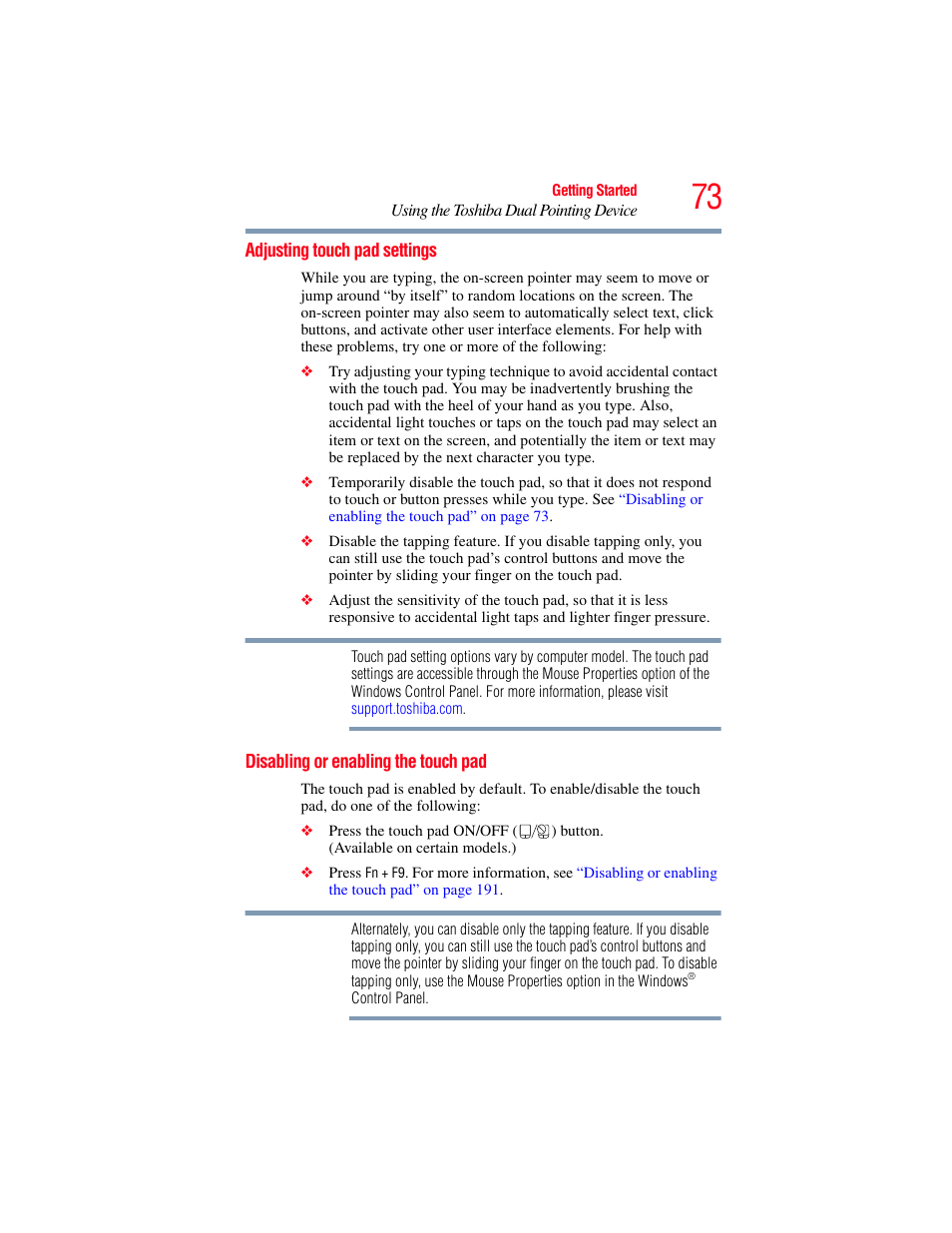 Adjusting touch pad settings, Disabling or enabling the touch pad | Toshiba Toshubia Tecra R940 User Manual | Page 73 / 216