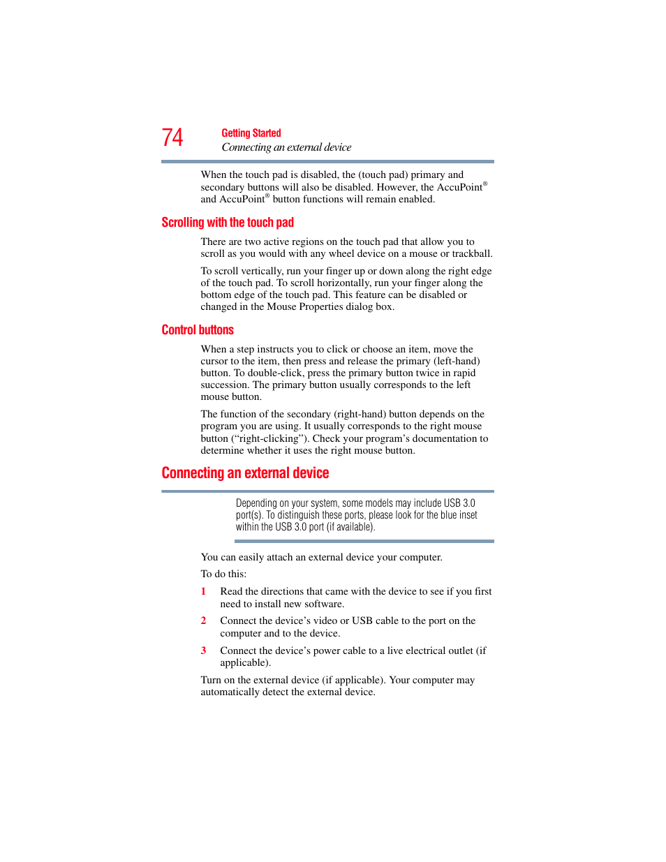 Scrolling with the touch pad, Control buttons, Connecting an external device | Scrolling with the touch pad control buttons | Toshiba Toshubia Tecra R940 User Manual | Page 74 / 216