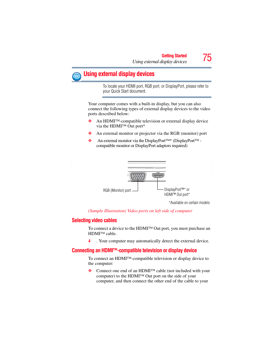 Using external display devices, Selecting video cables, Television or display device | Using external display | Toshiba Toshubia Tecra R940 User Manual | Page 75 / 216